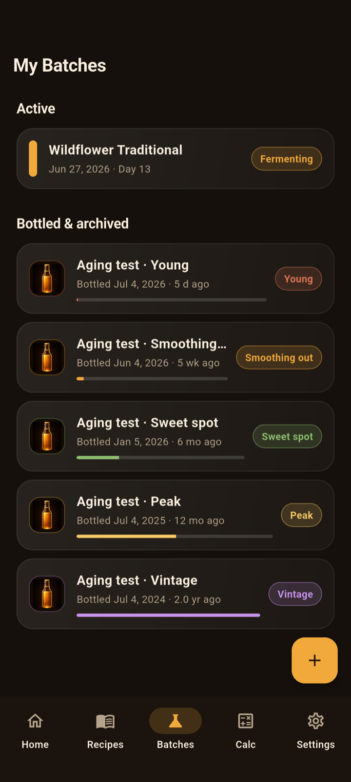 NectarForge batches and aging screen